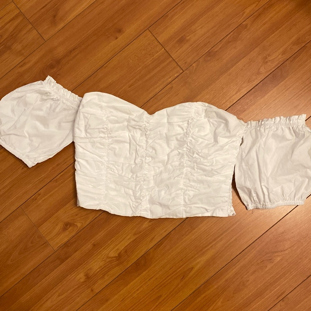 White and Tan Ruched Crop Bustier Blouse